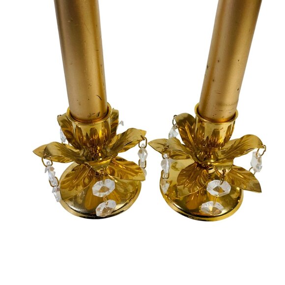 Fancy Hollywood Gold Tone Candlestick Holder Set Chandelier Crystal Dangling Pri - Picture 6 of 11